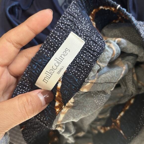 Mille Collines Pull On Pants Blue With Brown Leaves Print Size Small - Picture 5 of 7